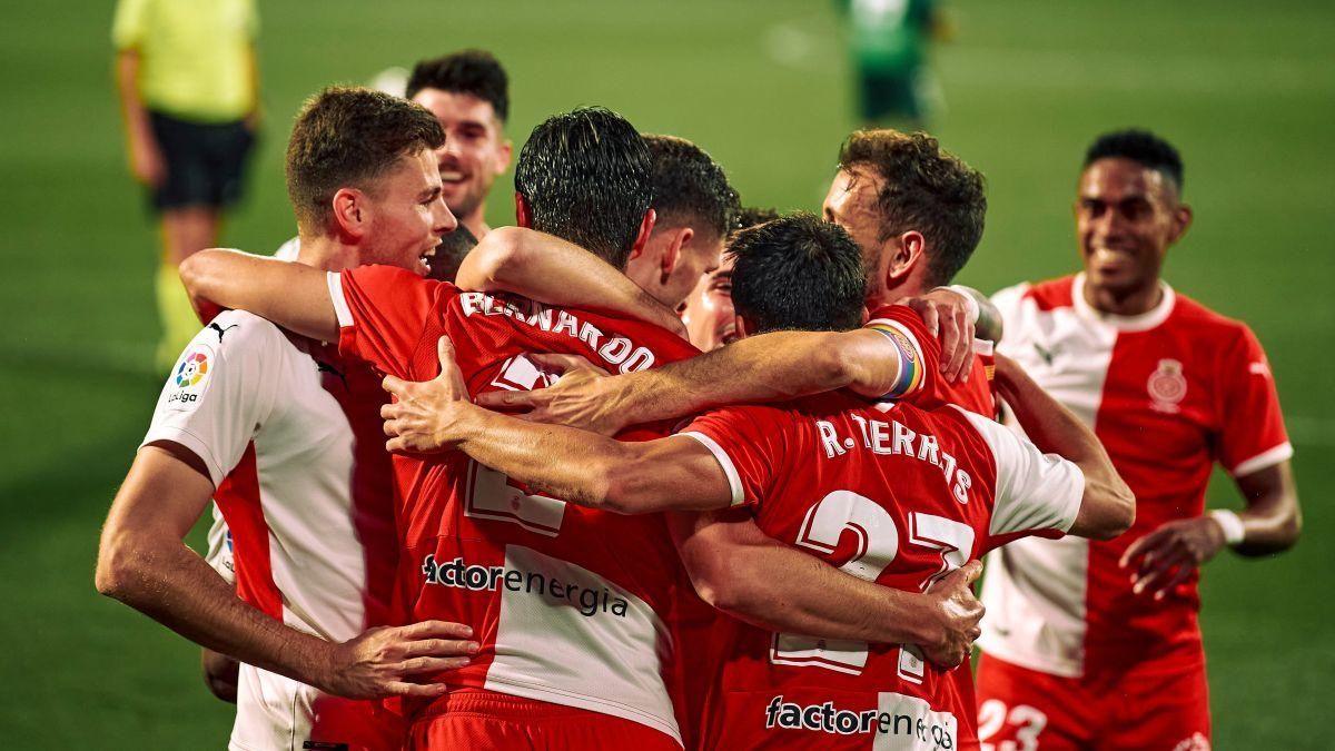 Los jugadores del Girona celebran el gol de Bernardo. Los jugadores del Girona celebran el gol de Bernardo.