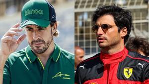 Los pilotos españoles de Fórmula 1 Fernando Alonso (Aston Martin) y Carlos Sainz (Ferrari).