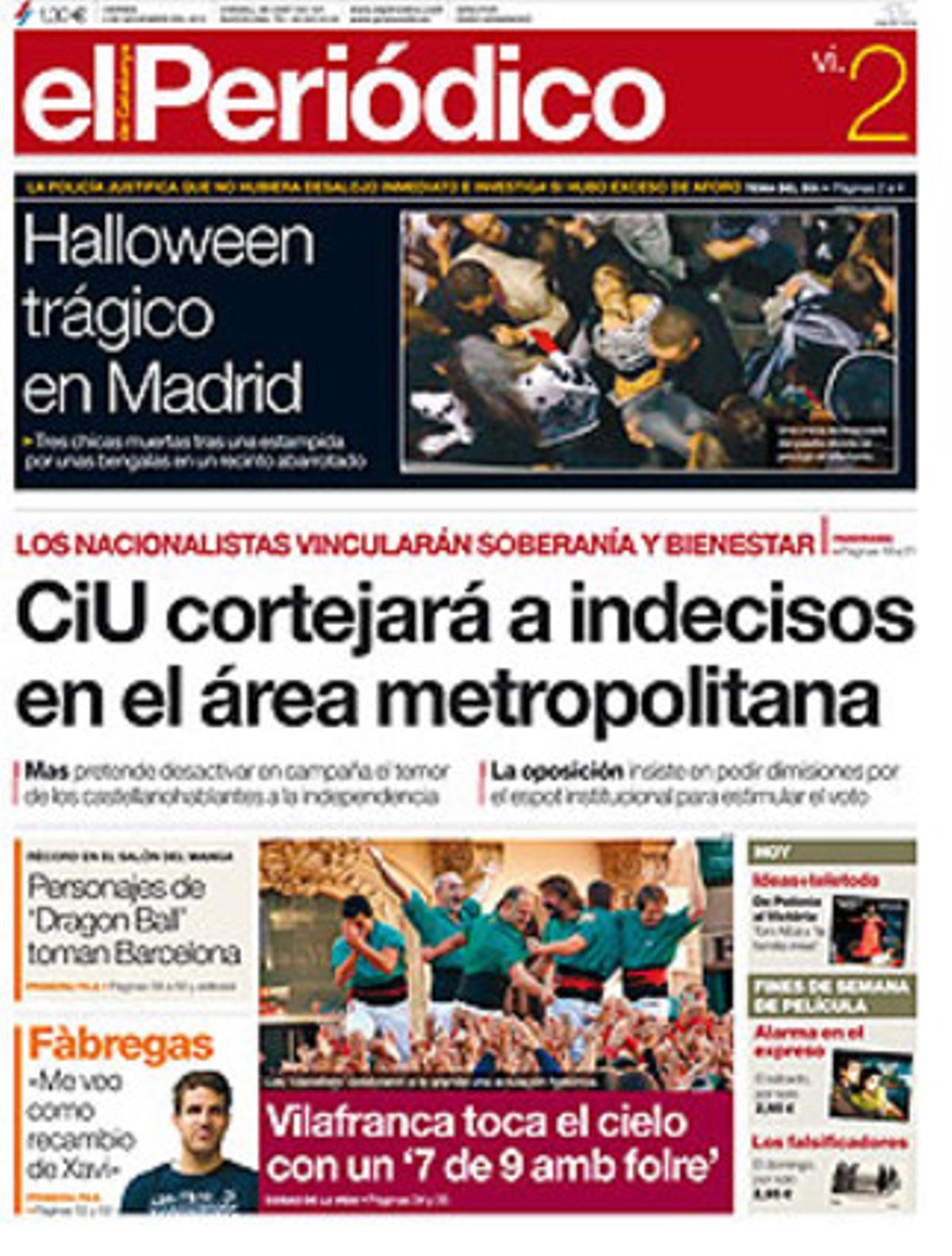 La portada de EL PERIÓDICO DE CATALUNYA de este viernes 2 de noviembre.