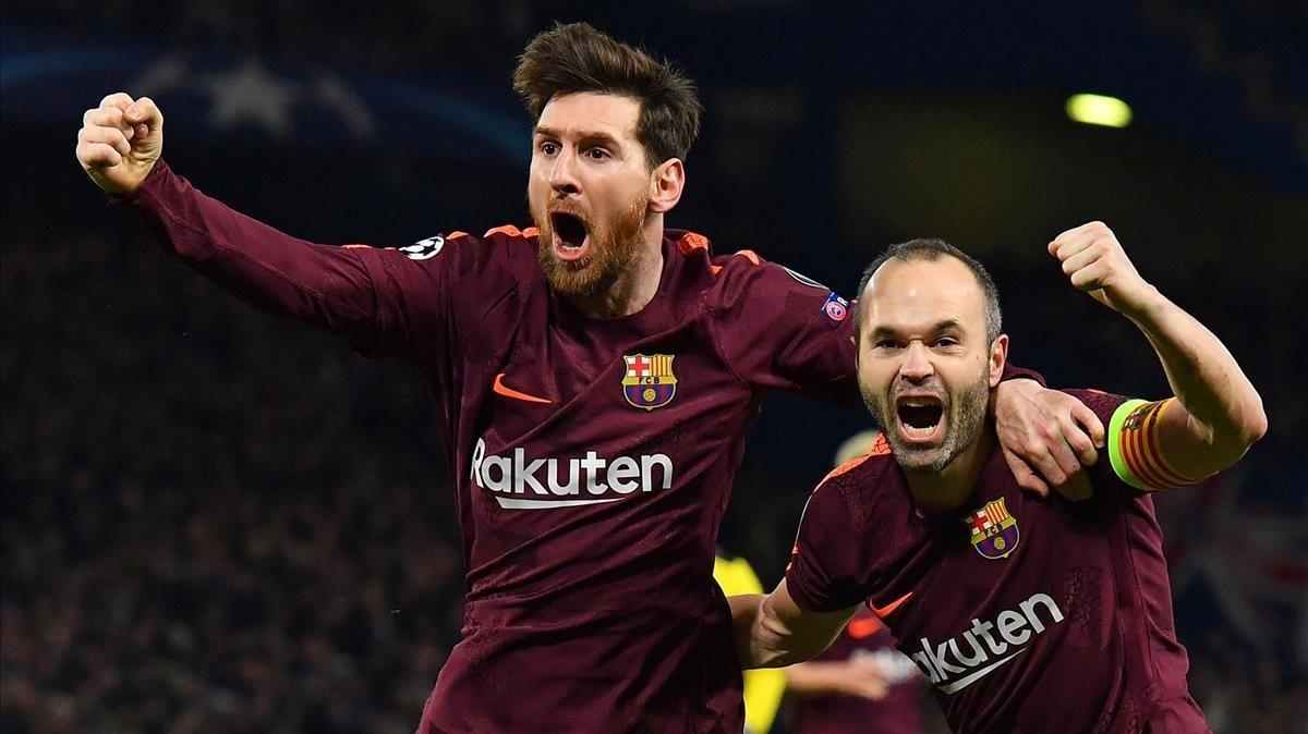 Iniesta y Messi celebran un gol ante el Chelsea en Abril de 2018.
