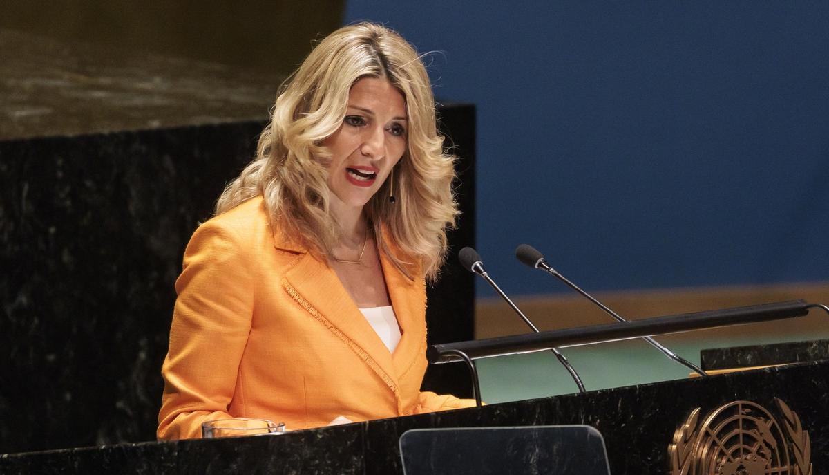 La vicepresidenta segunda y ministra de Trabajo, Yolanda Díaz, durante su intervención en la ONU. La vicepresidenta segunda y ministra de Trabajo, Yolanda Díaz, durante su intervención en la ONU.
