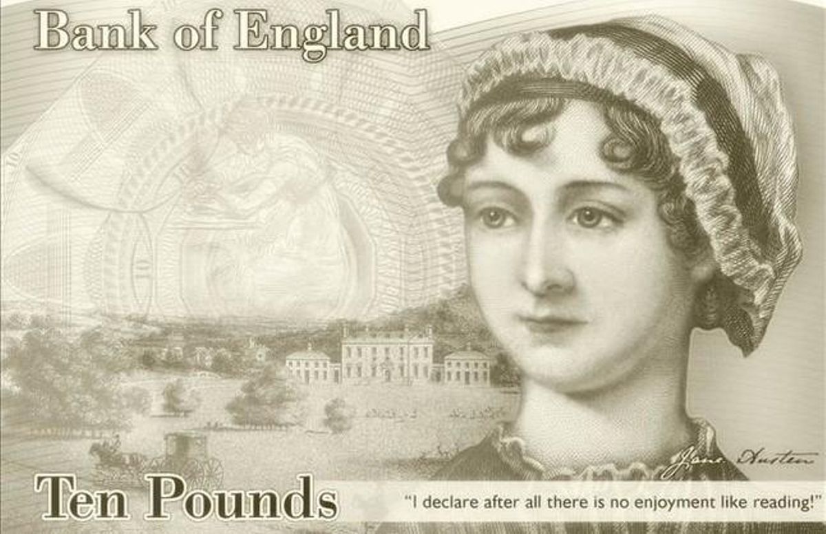 Billete de 10 libras con el rostro de la novelista británica Jane Austen. Billete de 10 libras con el rostro de la novelista británica Jane Austen.