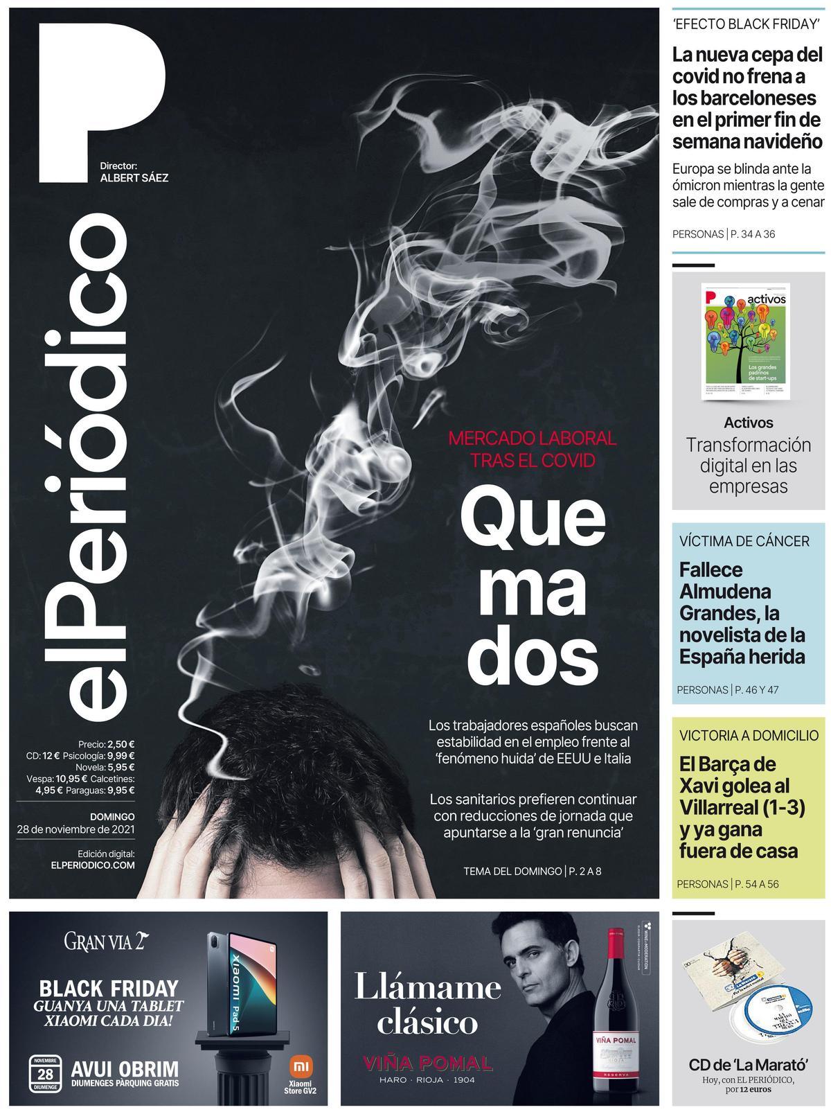 La portada de EL PERIÓDICO del 28 de noviembre de 2021