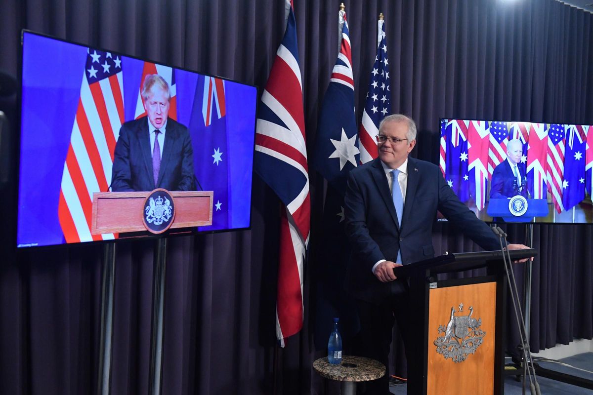 El primer ministro australiano, Scott Morrison, asiste a la reunión por videoconferencia con su homólogo británico, Boris Johnson, y el presidente estadounidense, Joe Biden. El primer ministro australiano, Scott Morrison, asiste a la reunión por videoconferencia con su homólogo británico, Boris Johnson, y el presidente estadounidense, Joe Biden.