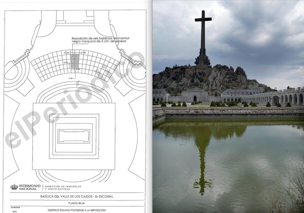 A la izquierda, uno de los planos de ejecución que manejan los técnicos de Patrimonio Nacional para exhumar a Franco. A la derecha, la Cruz de los Caídos, vista desde la abadía benedictina que la custodia. A la izquierda, uno de los planos de ejecución que manejan los técnicos de Patrimonio Nacional para exhumar a Franco. A la derecha, la Cruz de los Caídos, vista desde la abadía benedictina que la custodia.