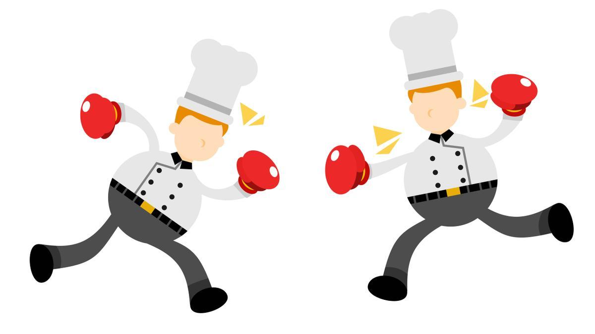 Dibujo de dos cocineros con guantes de boxeo.