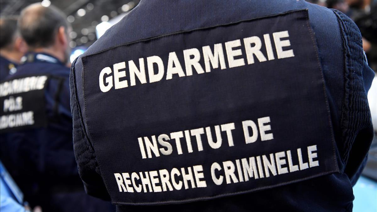 A photo taken on November 19  2019 shows a detail of the uniform of the medical research institute s Gendarmerie unit at the 21th worldwide exhibition of internal State security (MILIPOL) in Villepinte  in the Paris suburbs  (Photo by BERTRAND GUAY   AFP)