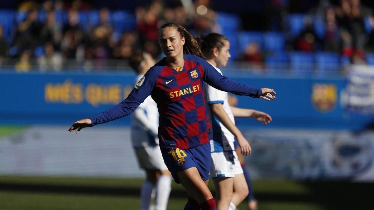 Caroline Graham Hansen celebra uno de sus tres goles al Deportivo Abanca. Caroline Graham Hansen celebra uno de sus tres goles al Deportivo Abanca.