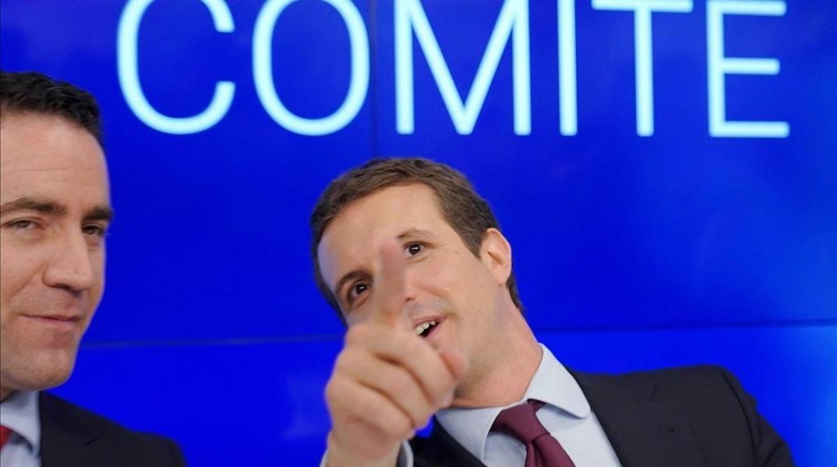 Pablo Casado y Teodoro García Egea, en el comité ejecutivo del PP la semana pasada. Pablo Casado y Teodoro García Egea, en el comité ejecutivo del PP la semana pasada.