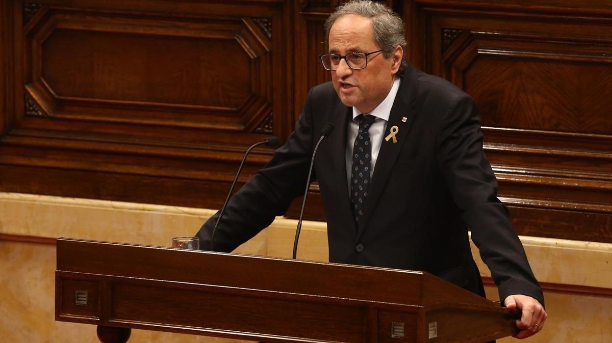 El ’president’, Quim Torra, durante su intervención en la primera sesión del debate de política general, en el Parlament.