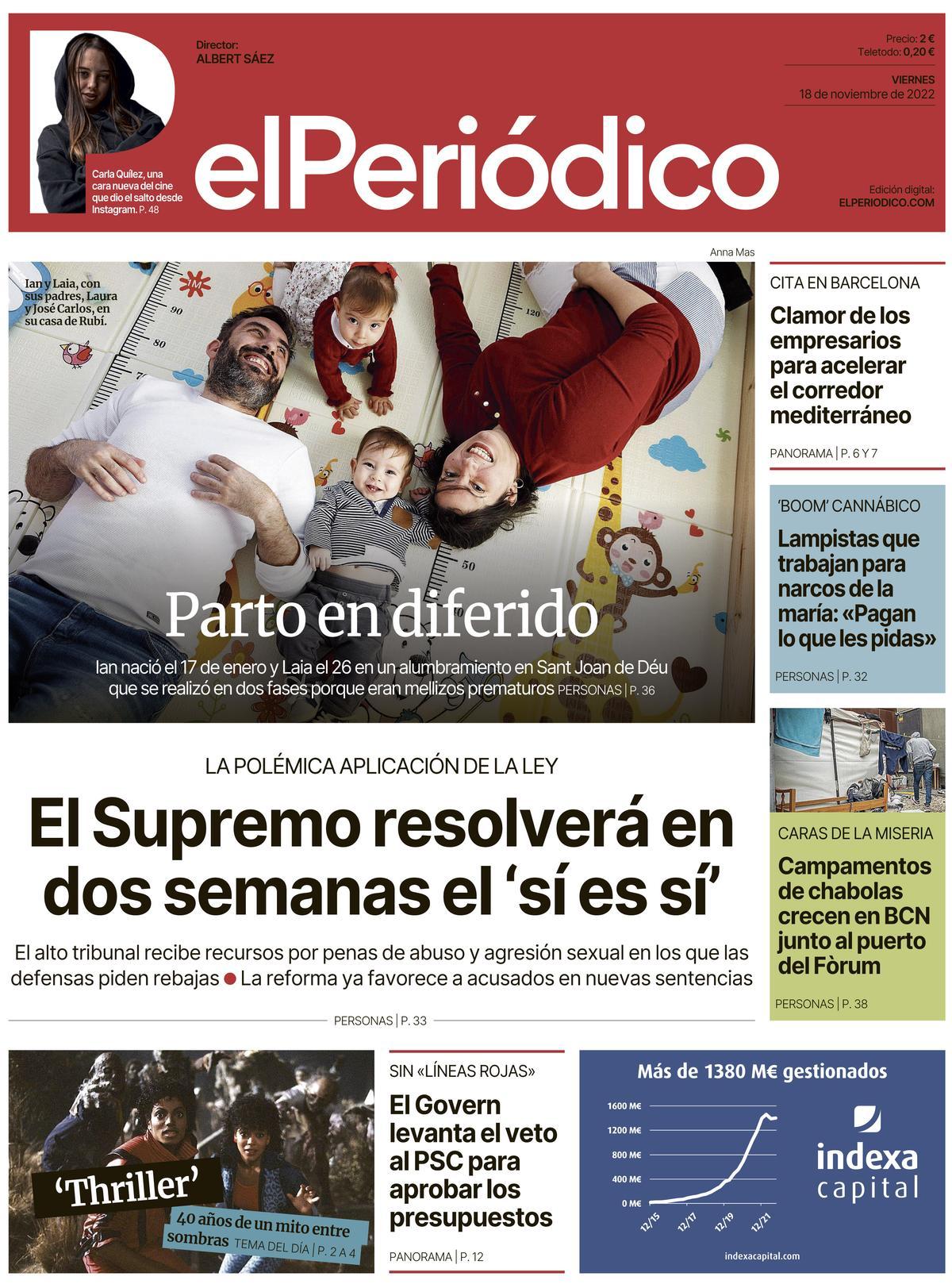 La portada d’EL PERIÓDICO del 18 de novembre del 2022