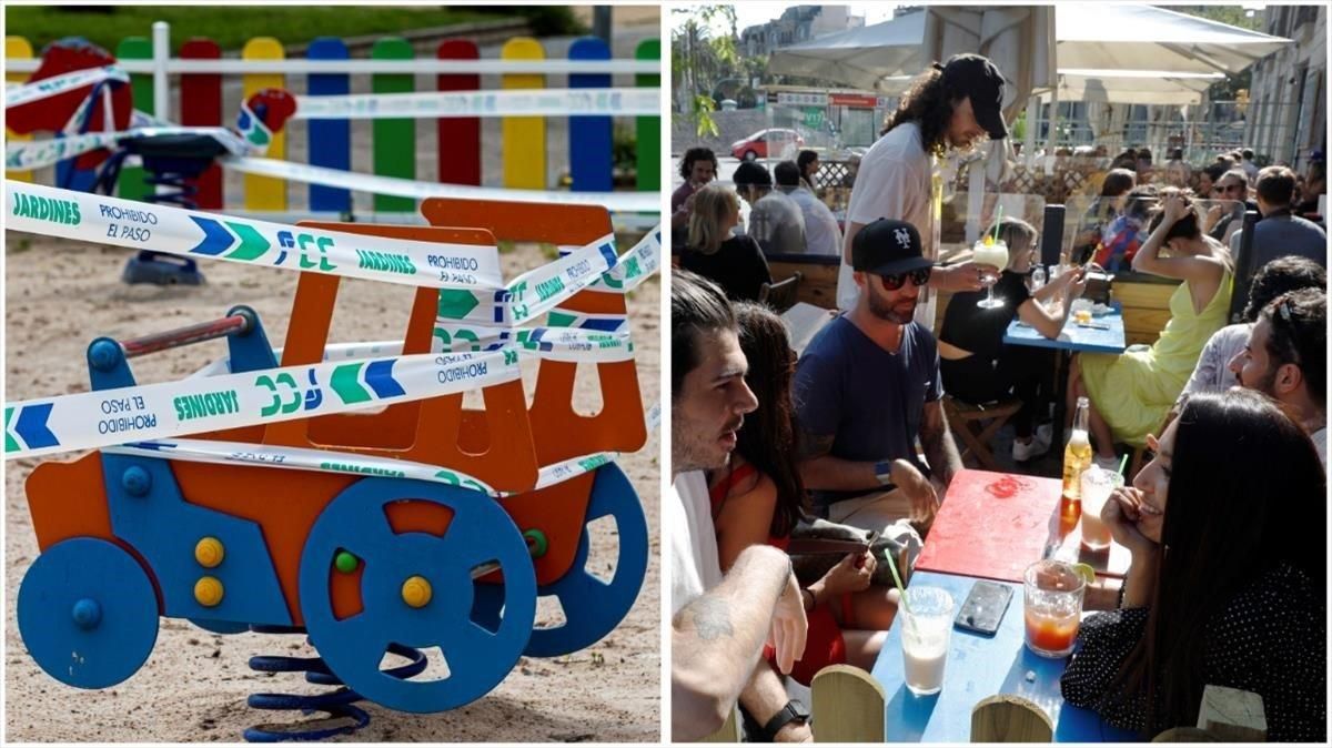 Un parque infantil precintado y una terraza llena. Un parque infantil precintado y una terraza llena.