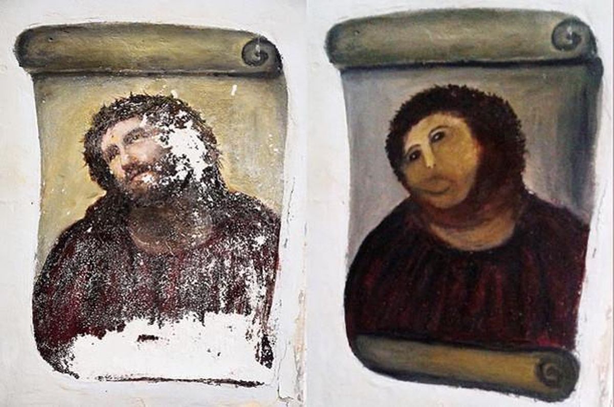 Este montaje fotográfico remitido por el Centro de Estudios Borjanos muestra el fresco de Ecce Homo, antes y después de la restauración llevada acabo por la artista amateur Cecilia Giménez. El incidente fue ’trending topic’ en Twitter el miércoles. Este montaje fotográfico remitido por el Centro de Estudios Borjanos muestra el fresco de Ecce Homo, antes y después de la restauración llevada acabo por la artista amateur Cecilia Giménez. El incidente fue ’trending topic’ en Twitter el miércoles.