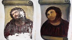 Montaje fotográfico remitido por el Centro de Estudios Borjanos que muestra el fresco de Ecce Homo, antes y después de la restauración llevada acabo por la artista amateur Cecilia Giménez. 