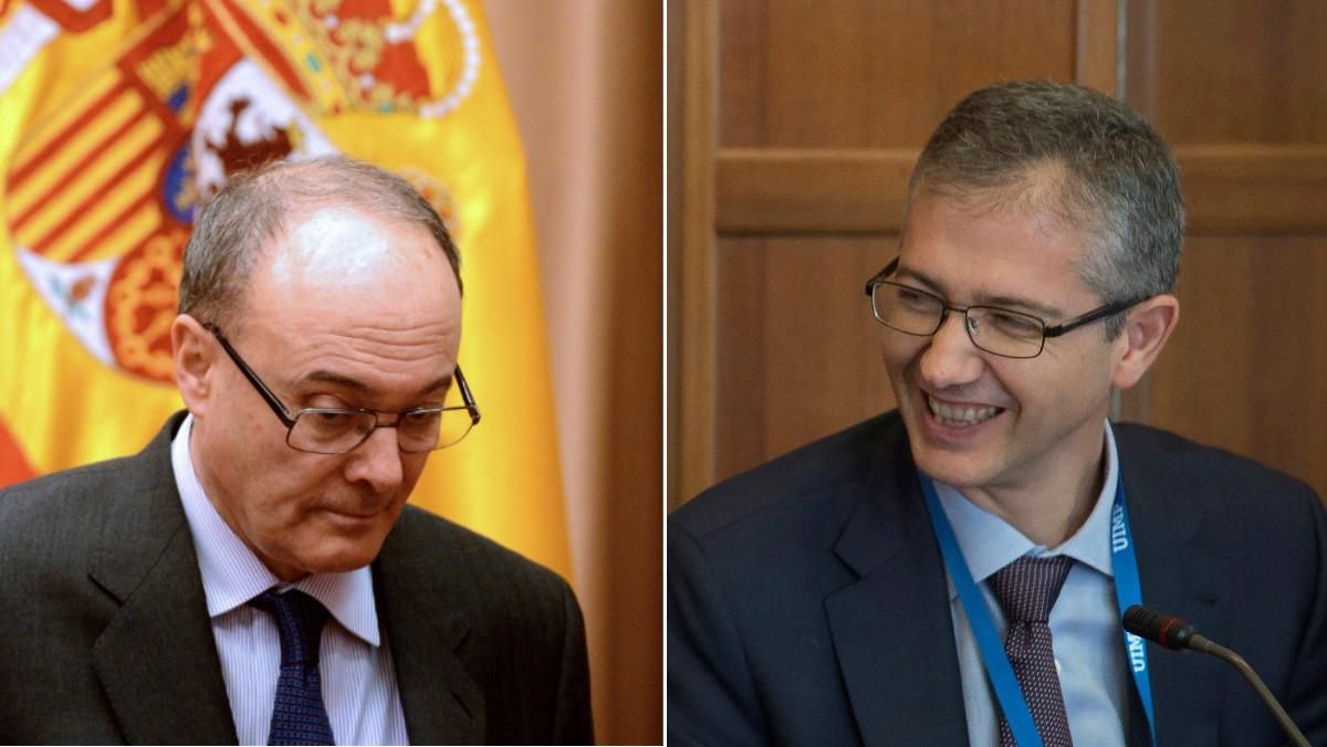El gobernador del Banco de España saliente, Luís María Linde (i), junto al entrante, Pablo Hernández del Cos (d). El gobernador del Banco de España saliente, Luís María Linde (i), junto al entrante, Pablo Hernández del Cos (d).