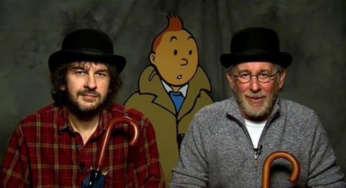 Peter Jackson i Steven Spielberg flanquegen el mític Tintín. Peter Jackson i Steven Spielberg flanquegen el mític Tintín.