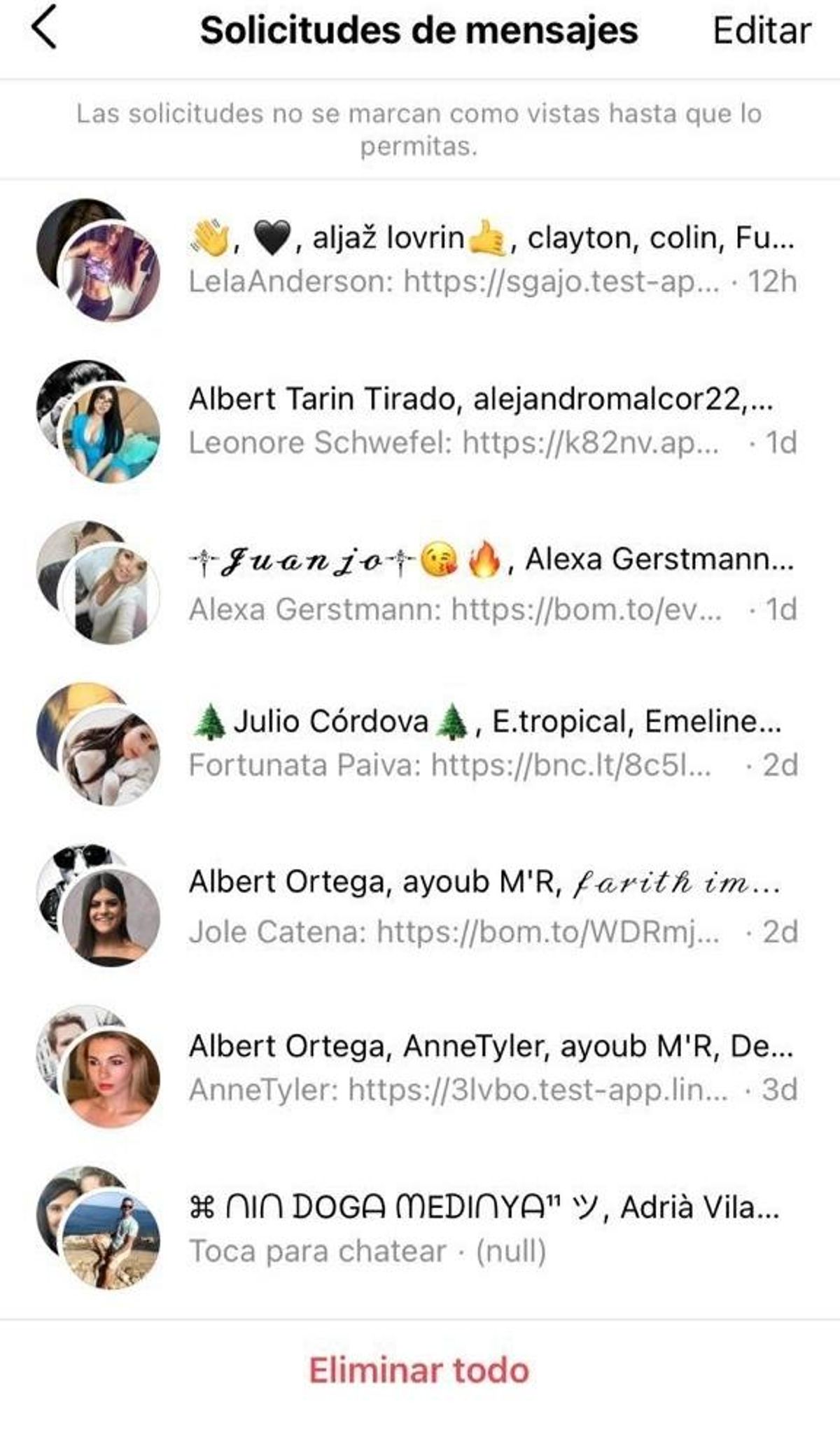 Captura de pantalla de mensajes de perfiles falsos en instagram Captura de pantalla de mensajes de perfiles falsos en instagram