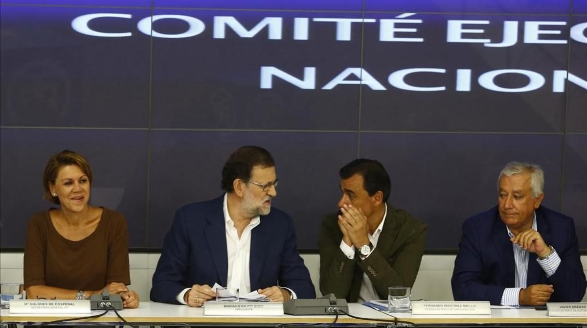Mariano Rajoy y varios integrantes de la cúpula del PP en la reunión del comité ejecutivo conservador. Mariano Rajoy y varios integrantes de la cúpula del PP en la reunión del comité ejecutivo conservador.