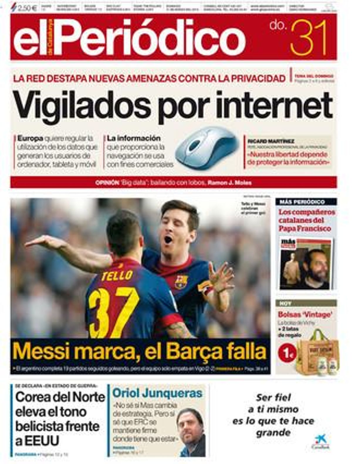 La portada de EL PERIÓDICO (31-3-2013). La portada de EL PERIÓDICO (31-3-2013).