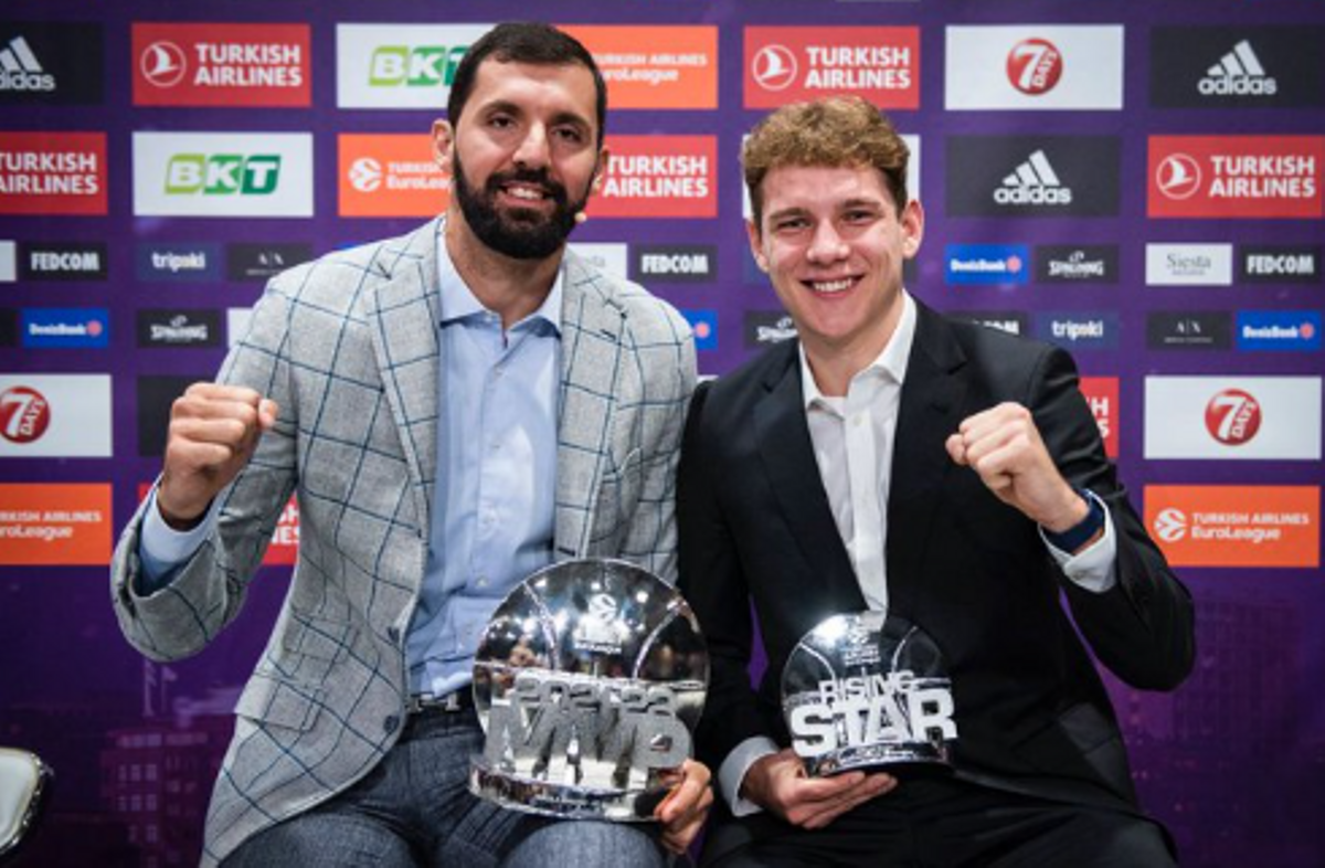 Mirotic posa con el premio de MVP y Jokubaitis, con el de mejor joven de la competición tras recibirlos en Belgrado