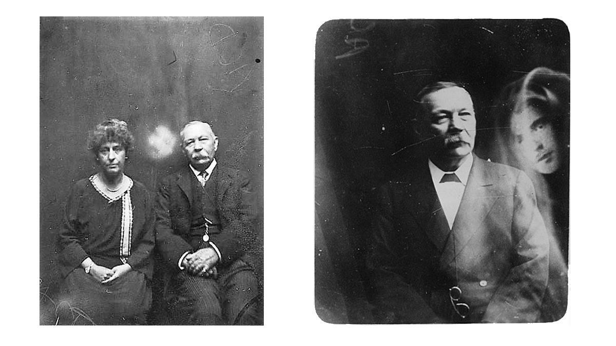 Arthur Conan Doyle, con su segunda esposa, Jane, y solo, en dos fotografías con supuestos ectoplasmas.