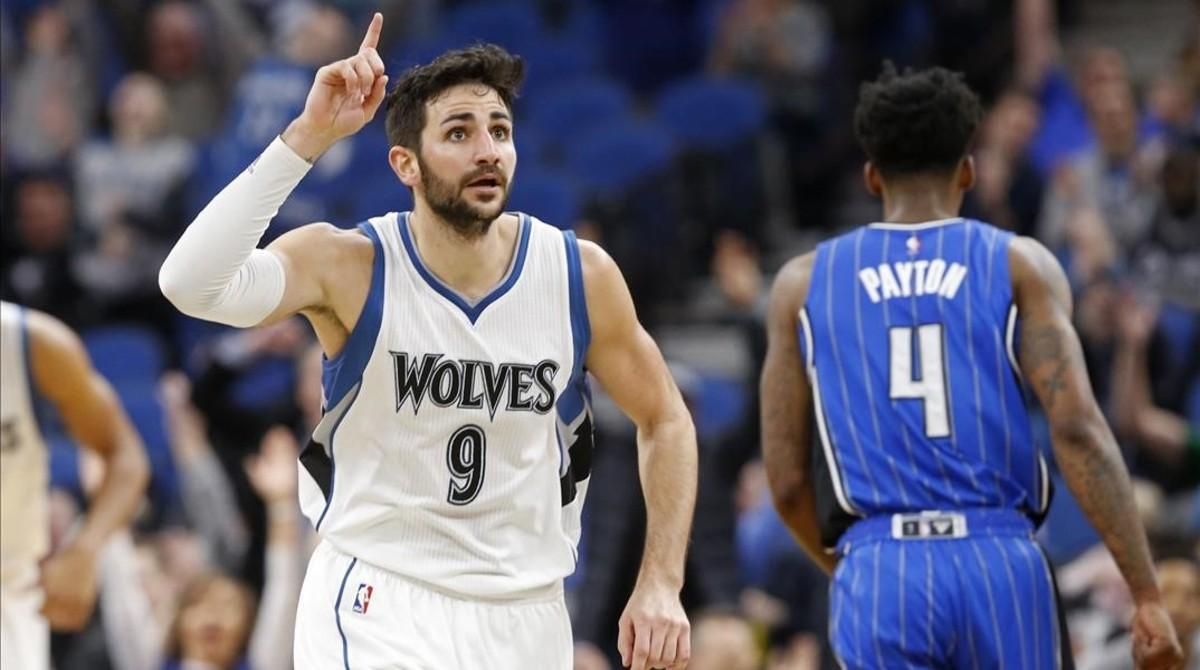 Ricky Rubio celebra uno de sus seis triples antes los Magic. Ricky Rubio celebra uno de sus seis triples antes los Magic.