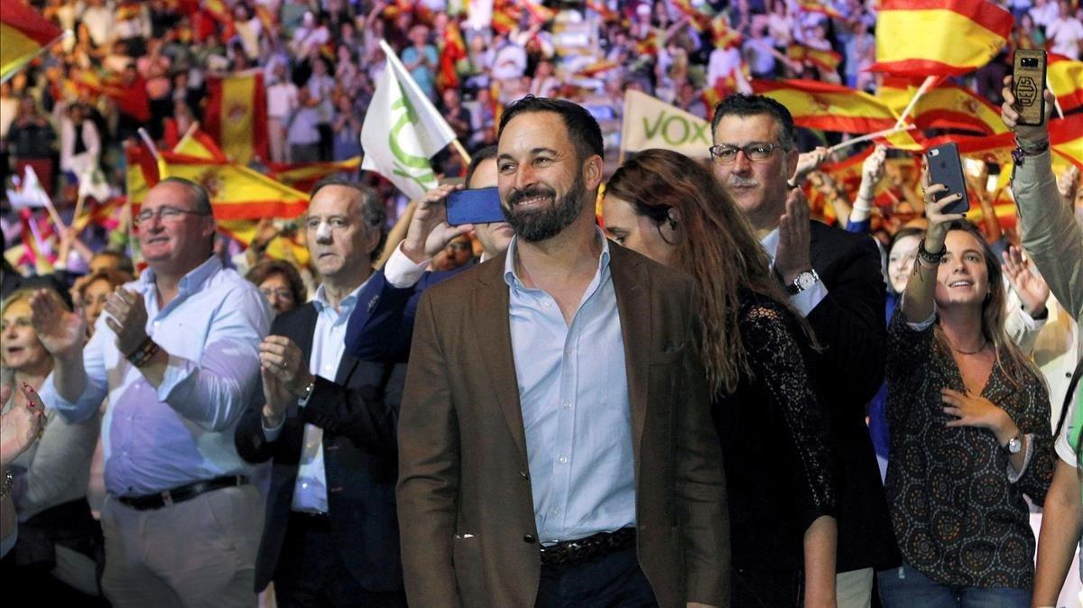 El presidente de Vox, Santiago Abascal, durante el acto de la formacion celebrado el pasado 7 de octubre en el Palacio de Vistalegre de Madrid.