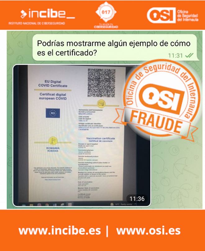 Imagen de un mensaje de la estafa de los certificados covid