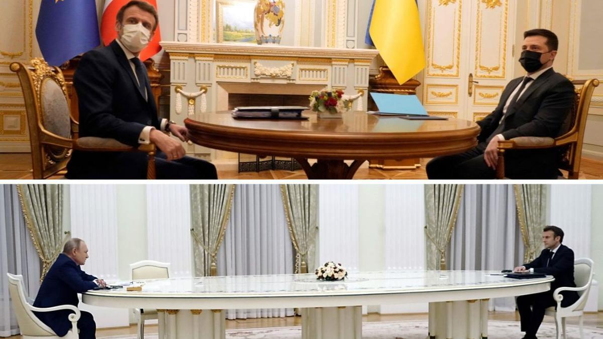 Las mesas de reunión de Macron con Putin y Zelensky