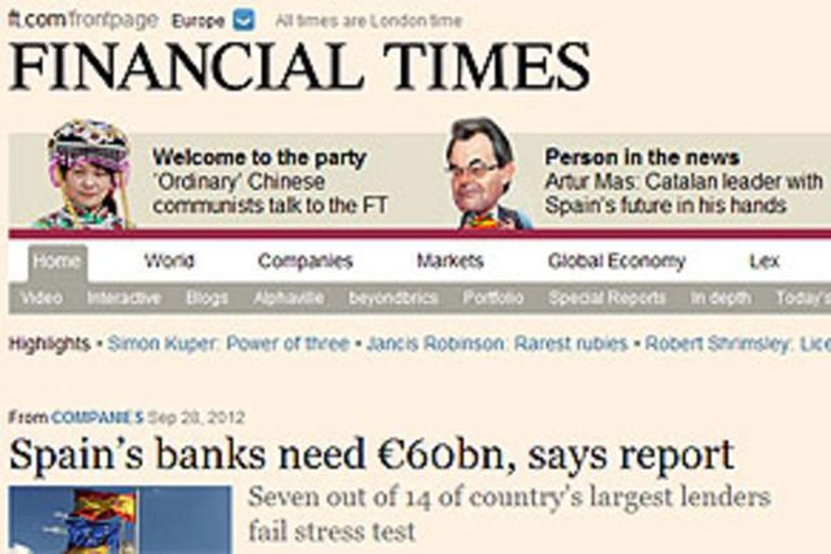 Portada de la web del ’Financial Times’ este sábado. Portada de la web del ’Financial Times’ este sábado.