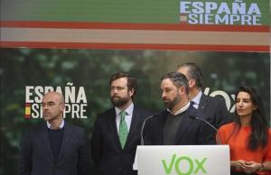 Jorge Buxadé, Iván Espinosa de los Monteros, Santiago Abascal, Javier Ortega Smith y Rocío Monasterio, en la sede de Vox en septiembre del 2019.