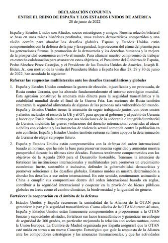 Declaración conjunta de España y EEUU(28 de junio de 2022)