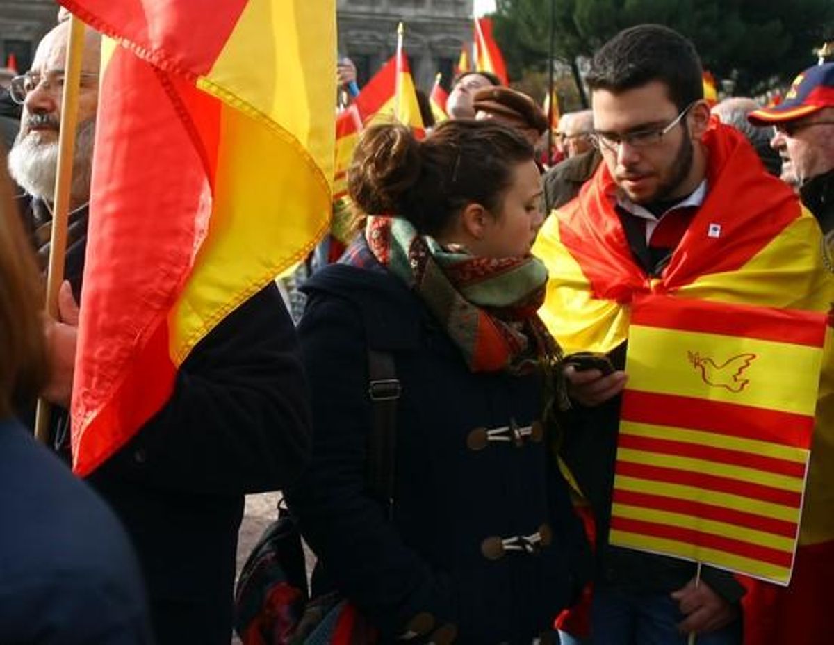 Montaje con la ’senyera’en la manifestación de Colón. Montaje con la ’senyera’en la manifestación de Colón.