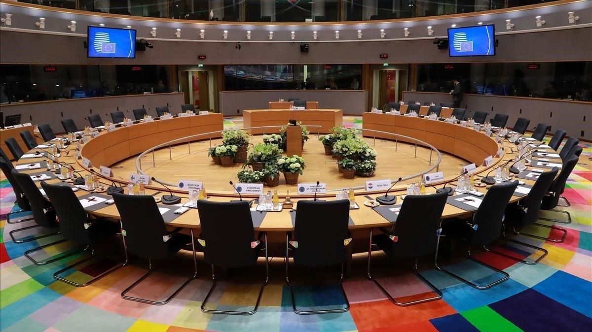 Vista de la sala de reuniones del Consejo Europeo en Bruselas. Vista de la sala de reuniones del Consejo Europeo en Bruselas.