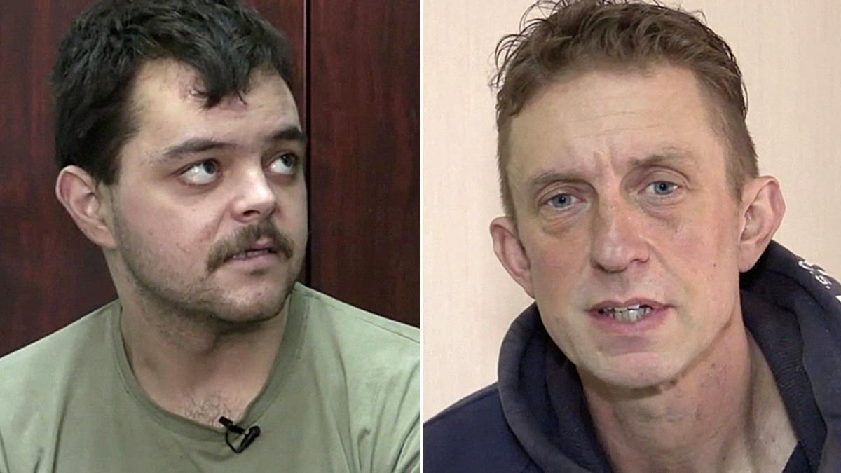 Los dos ciudadanos británicos detenidos por Rusia, Aiden Aslin y Shaun Pinner, en sendas capturas de los vídeos emitidos por la televisión estatal rusa