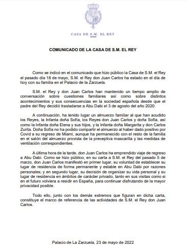 Comunicado de la Casa del Rey tras el encuentro con Juan Carlos I (23 de mayo de 2022)