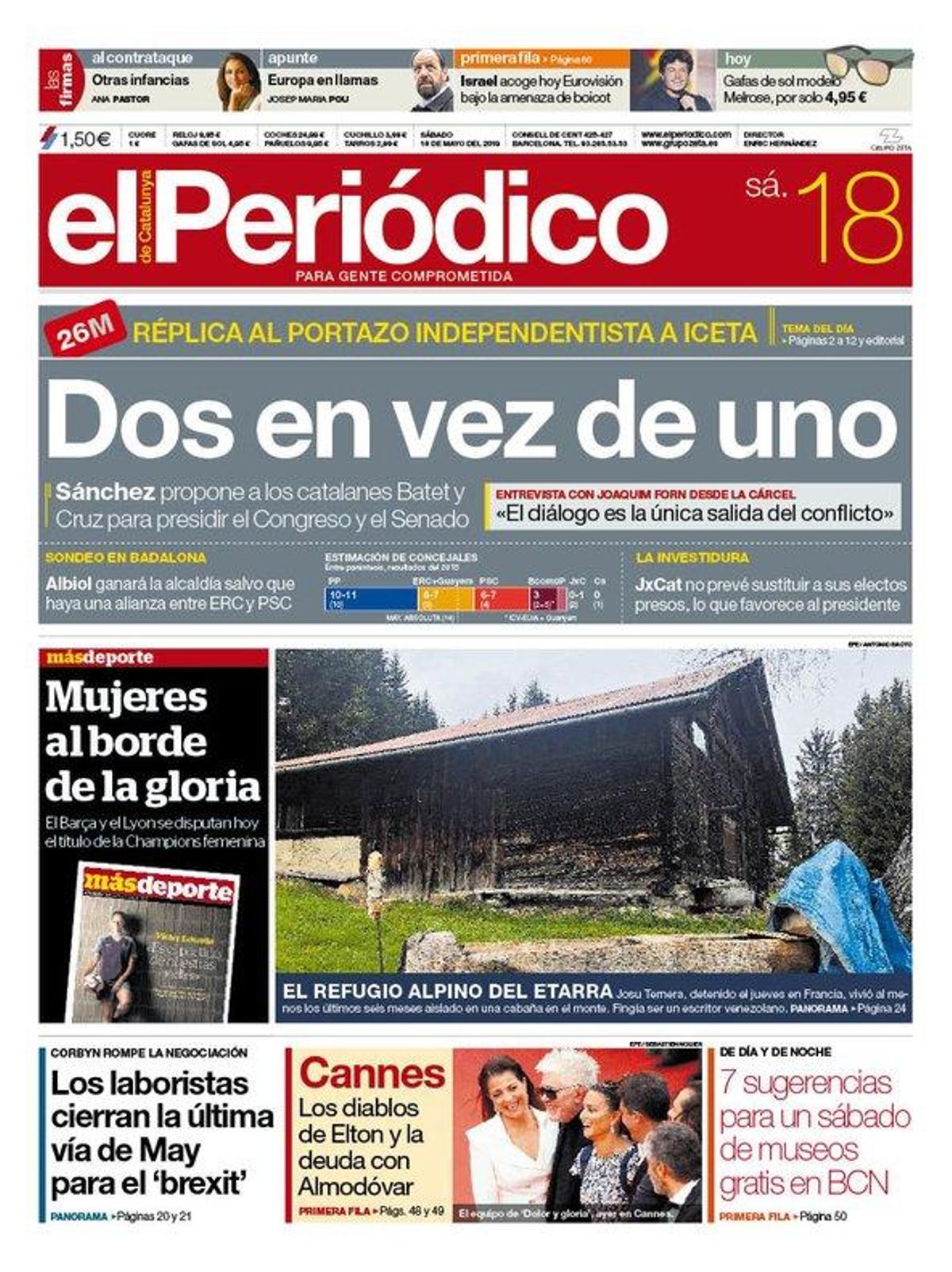 La portada de EL PERIÓDICO del 18 de mayo del 2019 La portada de EL PERIÓDICO del 18 de mayo del 2019