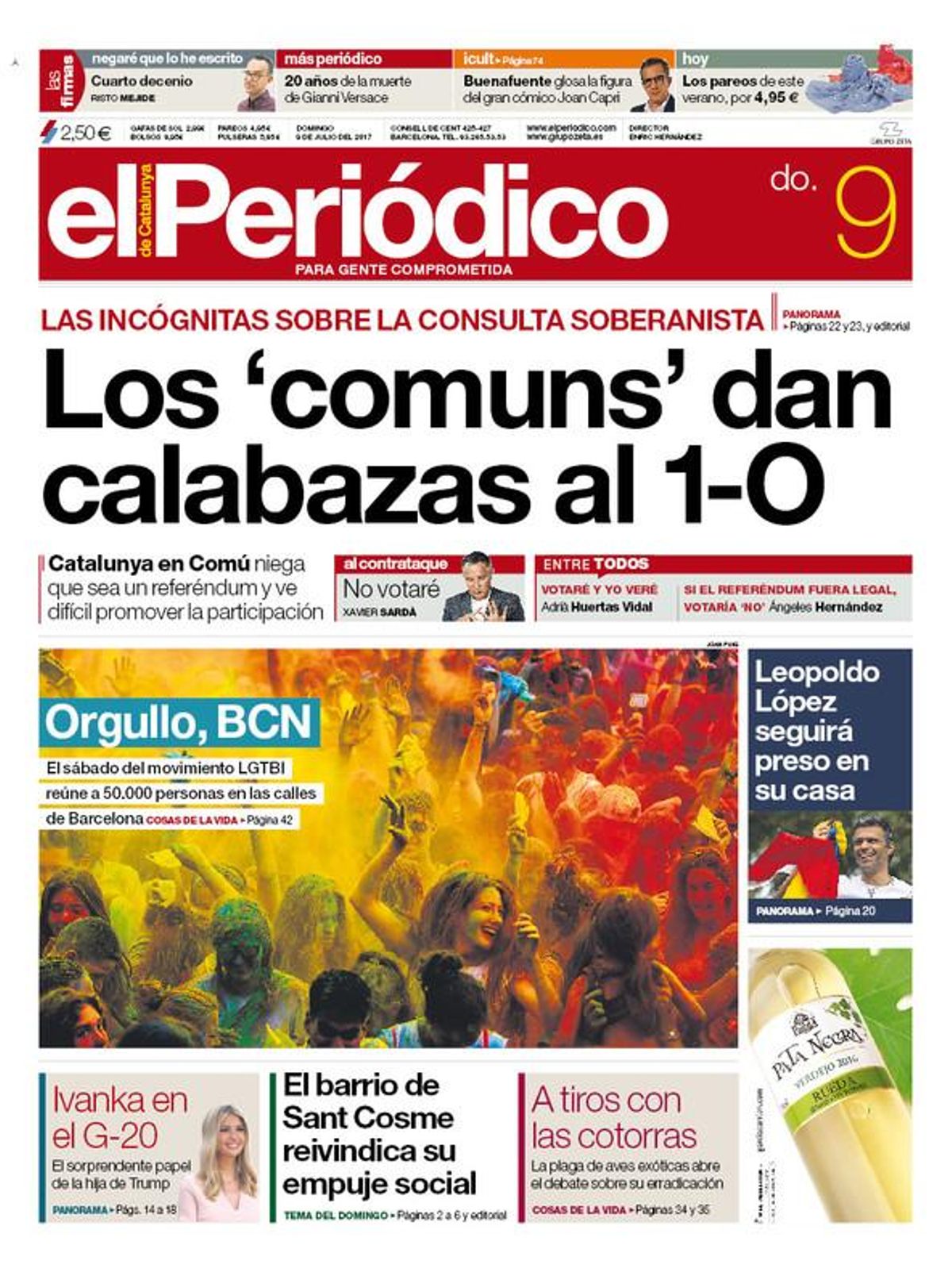 La portada de EL PERIÓDICO del domingo, 9 de julio del 2017. La portada de EL PERIÓDICO del domingo, 9 de julio del 2017.