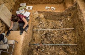 Trabajos de excavación en la fosa común 112 del cementerio de Paterna (València), donde se halló cerca de un centenar de cuerpos represaliados de la Guerra Civil, el 8 de abril de 2019.