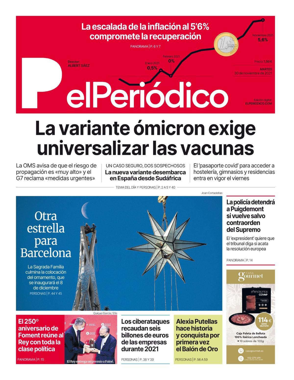 La portada de EL PERIÓDICO del 30 de noviembre de 2021