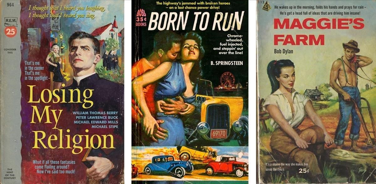 ’Losing my religion’, ’Born to run’ y ’Maggie’s farm’, tres falsas portadas de Todd Alcott. ’Losing my religion’, ’Born to run’ y ’Maggie’s farm’, tres falsas portadas de Todd Alcott.
