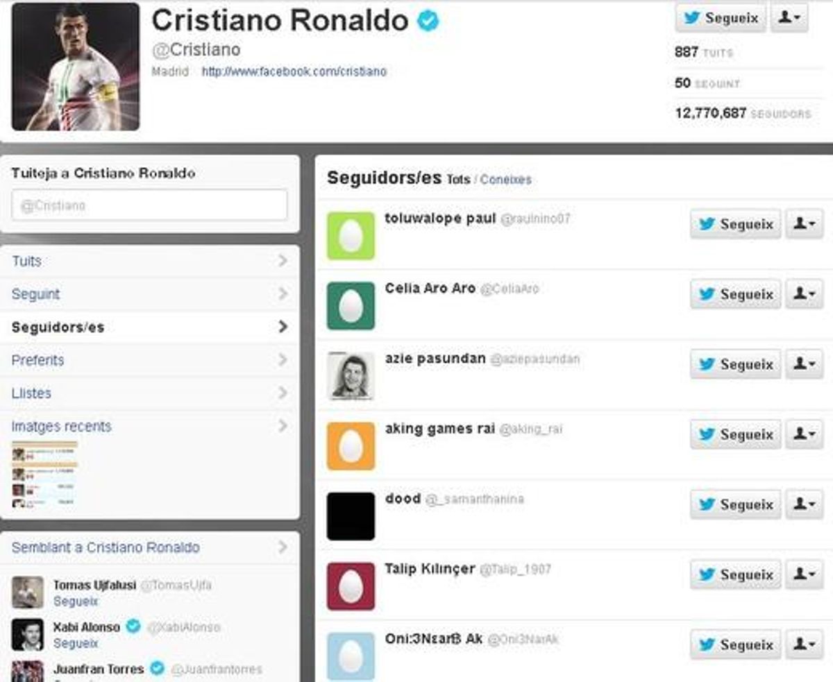 En el perfil de Cristiano Ronaldo se aprecian los seguidores falsos o inactivos que aún tienen un huevo como foto de perfil. En el perfil de Cristiano Ronaldo se aprecian los seguidores falsos o inactivos que aún tienen un huevo como foto de perfil.