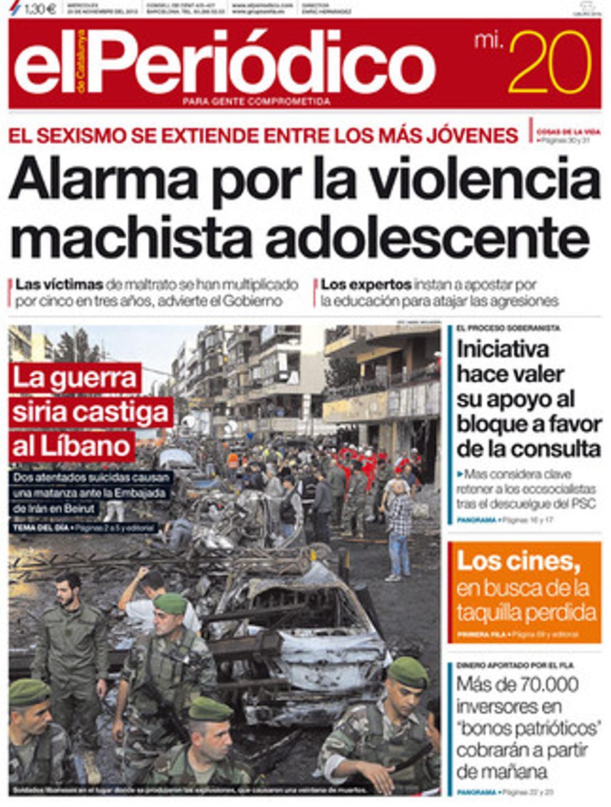 La portada de EL PERIÓDICO (20-11-2013).