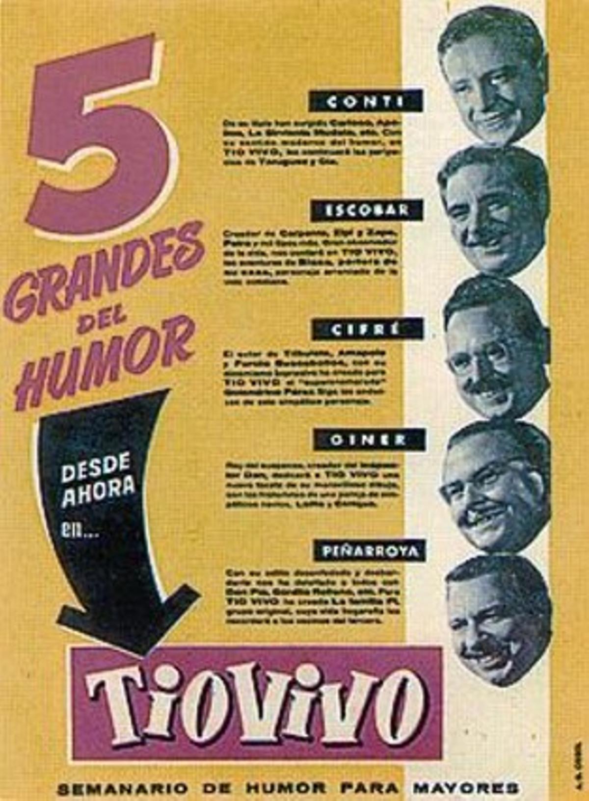 UN MUNDODE VIÑETAS 3Conti, Peñarroya, Escobar y Cifré pasean por una calle de Barcelona (izquierda) en la ilustración de portada del cómic de Paco Roca (derecha), y celebran el primer número de ’Tío Vivo’ (arriba). A la izquierda, el personaje de Víctor Mora con Armonía, guionista y traductora de Bruguera. Abajo, promoción de la nueva revista.