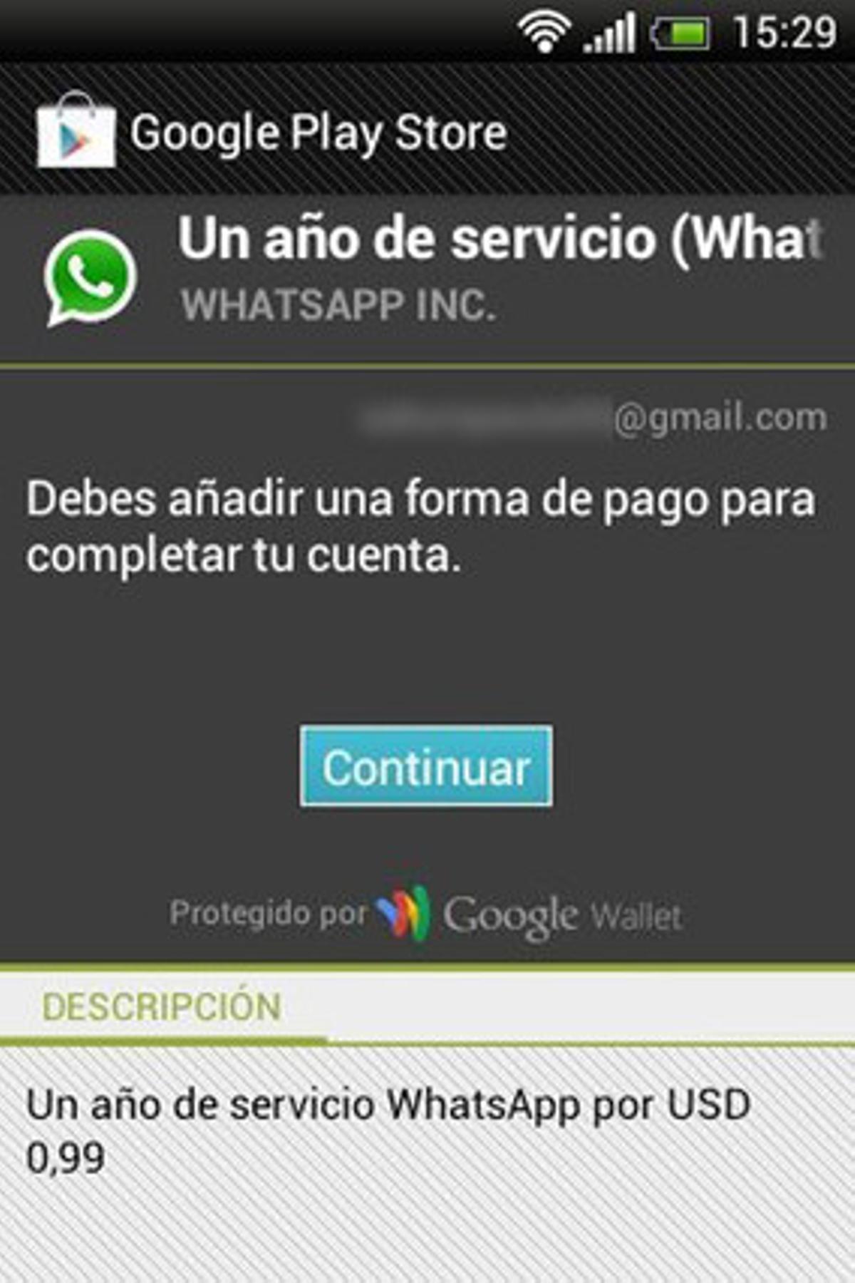 Captura de pantalla con un aviso de pago de Whatsapp.
