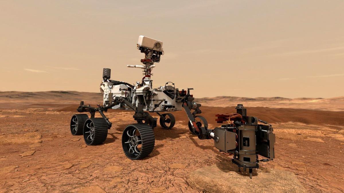 Representación artística del robot ’Perseverance’ sobre la superficie de Marte.