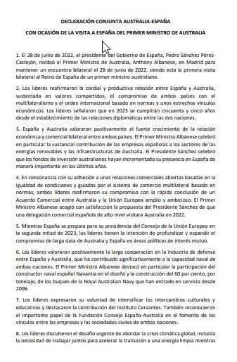 Comunicado conjunto España-Australia (28 de junio de 2022)