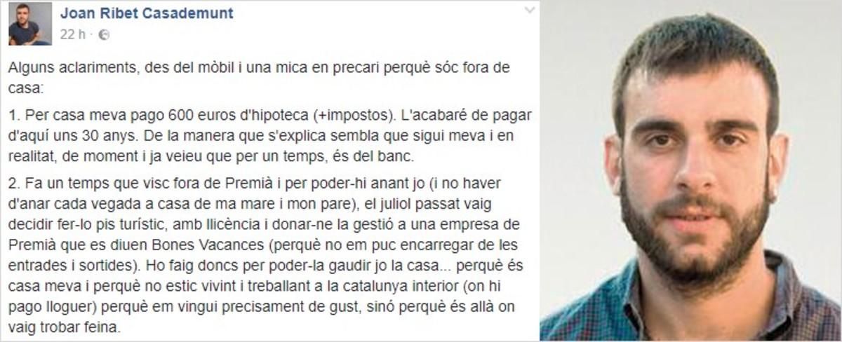 El exconcejal de la CUP de Premià admite tener un piso turístico para pagar la hipoteca El exconcejal de la CUP de Premià admite tener un piso turístico para pagar la hipoteca