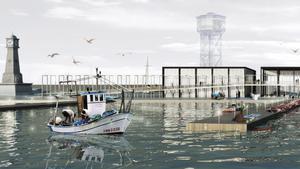 Imagen virtual de la futura lonja de pescadores, al fondo.