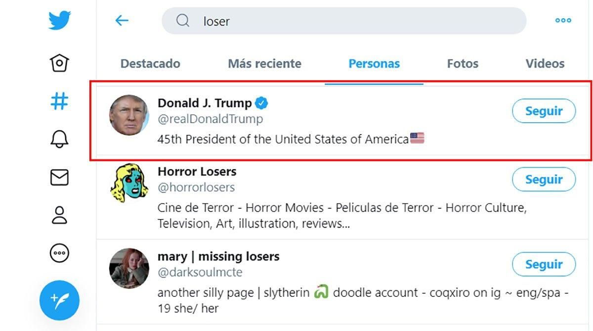 Twitter muestra la cuenta de Trump al buscar la palabra 'perdedor' Twitter muestra la cuenta de Trump al buscar la palabra 'perdedor'